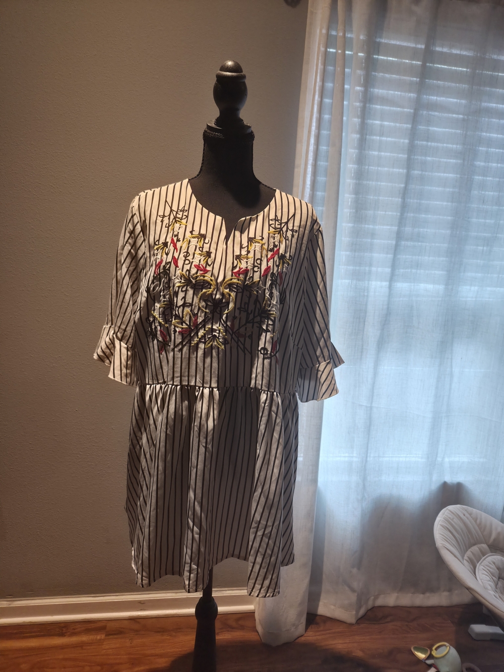 Striped Embroidered Tunic Dress in Cream and Black